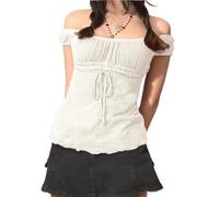 Women Y2K Short Sleeve Shirt Top Fairy Lace Trim Square Neck Vintage T-Shirts Aesthetic Teen Girls Slim Fit Tees Tops (2c-Mesh White, S)