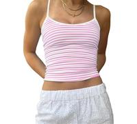 Women Y2K Sleeveless Striped Spaghetti Strap Crop Cami Tank Scoop Neck Colorblock Slim Fit Aesthetic Going Out Tops (Pink, S)