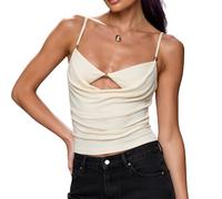 Women Y2K Spaghetti Strap Tank Top Sleeveless Draped V-Neck Neck Hollow Out Front Solid Color Slim Fit Crop Camisole, Milky, S