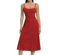 Women Y2k Square Neck Low Cut Sleeveless Bustier Long Maxi Ruffle Dress Cottagecore Spaghetti Strap Sundress (B-Red, S)