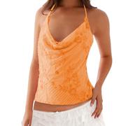 Women Y2K Squin Beaded Halter Crop Top Y2k Cowl Neck Sleeveless Backless Camisole Tanks Sparkly Glitter Vest Tops Summer Clubwear (Orange Sequin Beaded, L)