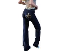 Women Y2K Star Embroidery Elastic Wide Leg Low Rise Flare Sweatpants-Casual Trendy Contrast Color Star Print Joggers Pants for Sports Daily Wear (Navy,L)