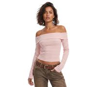 Women Y2k Stripe Off the Shoulder Tee Top Foldover Long Sleeve Fitted Shirt | Teen Girls Grunge Striped Crop Tops, 90s 00s Vintage Shirt, Preppy Clothes, for Fall Going Out