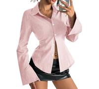 Women Y2K Striped Button Down Shirts Dress Shirts Long Sleeve Gingham Tee Collared Office Work Shirt Blouse Top (B Pink, M)