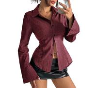 Women Y2K Striped Button Down Shirts Dress Shirts Long Sleeve Gingham Tee Collared Office Work Shirt Blouse Top (B Burgundy, L)