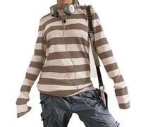 Women Y2k Striped Crop Top Long Sleeve Aesthetic Slim Fit Fairy Grunge T Shirts Vintage Color Block Teen Girl Loose Tees Cothic Glothes (Light Brown, S)