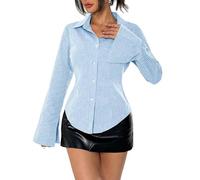 Women Y2K Striped Fitted Button Down Shirt Long Sleeve Lapel Collar Blouse Shirt V Neck Aesthetic Coquette Top