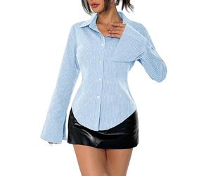 Women Y2K Striped Fitted Button Down Shirt Long Sleeve Lapel Collar Blouse Shirt V Neck Aesthetic Coquette Top