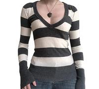 Women Y2k Striped Long Sleeve Shirt Grunge Tops Vintage Aesthetic Gothic Color Block Tees Fairy Teens Girls Shirts (Black White, M)