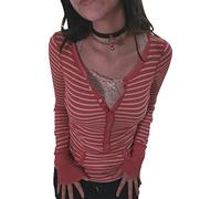 Women Y2K Striped Long Sleeve Shirt Ribbed Knit Button Henley Tops Slim Fit Pullover Blouse Vintage Casual Tee Aesthetic Grunge Streetwear (Pink, S)