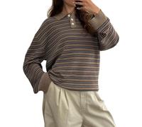 Women Y2k Striped Oversized Polo Sweater Shirt Vintage Aesthetic Preppy Knit Long Sleeve Lapel Collar Pullover Sweatshirt Golf Rugby Sweater (A-Khaki, M)