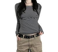 Women Y2k Striped Shirts Casual Long Sleeve Round Neck T-Shirt Vintage Harajuku Teen Girls Baggy Tee Tops Streetwear (F-Black, M)