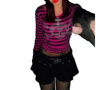 Women Y2k Striped Shirts Casual Long Sleeve Round Neck T-Shirt Vintage Harajuku Teen Girls Baggy Tee Tops Streetwear (H-Pink, L)
