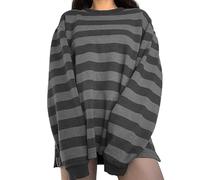 Women Y2k Striped Shirts Casual Long Sleeve Round Neck T-Shirt Vintage Harajuku Teen Girls Baggy Tee Tops Streetwear (B-Gray, M)