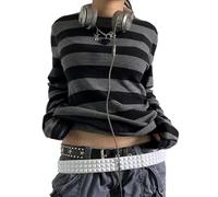 Women Y2k Striped Shirts Casual Long Sleeve Round Neck T-Shirt Vintage Harajuku Teen Girls Baggy Tee Tops Streetwear (A-Grey Black, XL)