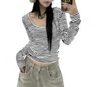 Women Y2k Striped Shirts Casual Long Sleeve Round Neck T-Shirt Vintage Harajuku Teen Girls Baggy Tee Tops Streetwear (D-White, S)