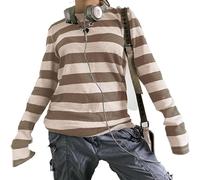 Women Y2k Striped Shirts Casual Long Sleeve Round Neck T-Shirt Vintage Harajuku Teen Girls Baggy Tee Tops Streetwear (A-Light Brown, M)