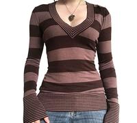 Women Y2K Striped Slim Tee Gothic Aesthetic Long Sleeve Knitted Crop Tops Retro Grunge Tunic Tops Trendy Streetwear (Brown#1, S)