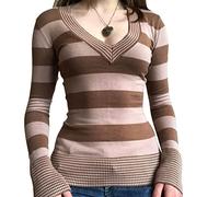 Women Y2K Striped Slim Tee Gothic Aesthetic Long Sleeve Knitted Crop Tops Retro Grunge Tunic Tops Trendy Streetwear (Light Coffee#1, S)