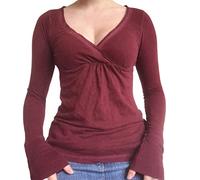 Women Y2K Striped Slim Tee Gothic Aesthetic Long Sleeve Knitted Crop Tops Retro Grunge Tunic Tops Trendy Streetwear (Wine Red, L)