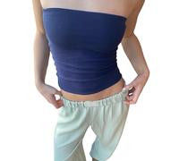 Women Y2k Striped Tube Tops Strapless Going Out Crop Tank Top Backless Bandeau Off Shoulder Summer Aesthetic Tee (Dark Blue, M)
