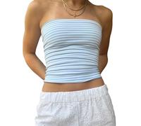 Women Y2k Striped Tube Tops Strapless Going Out Crop Tank Top Backless Bandeau Off Shoulder Summer Aesthetic Tee (Striped Blue, M)
