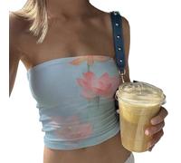 Women Y2k Striped Tube Tops Strapless Going Out Crop Tank Top Backless Bandeau Off Shoulder Summer Aesthetic Tee (Floral Sky Blue, S)