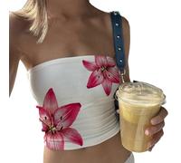 Women Y2k Striped Tube Tops Strapless Going Out Crop Tank Top Backless Bandeau Off Shoulder Summer Aesthetic Tee (Red Floral White, M)
