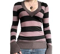 Women Y2k Striped Vintage Shirts Long Sleeve Color Block V Neck Slim Top Aesthetic Harajuku Grunge Tee Streetwear(Cute Brown,M)