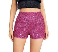 Women Y2K Summer Sexy Sequin Micro Shorts Low Elastic Waistband Solid Sparkly Stretch Hot Pants Party Rave Bottoms Streetwear (Rosy Red B, S)