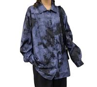 Women Y2K Tie Dye Button Up Shirts Dark Academia Emo Alt Gothic Long Sleeve T-Shirt Japanese Harajuku Punk Blouse Tops, Navy, XL