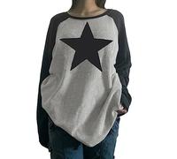 Women Y2k Vintage Graphic Print Crop Tee Aesthetic Grunge Long Sleeve T-Shirt Star Printed Gothic Punk Pullover Top Streetwear (Black Grey, S)