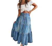Women Y2K Vintage High Waist Denim Maxi Skirt Button-Fly Tiered Ruffle Hem Swing A-Line Boho Jean Skirt with Pockets (Blue, S)