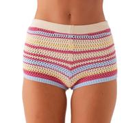 Women Y2K Vintage Low Rise Knit Shorts Striped Stretch Crochet Hollow-Out Mirco Shorts Summer Beach Mini Short, Pink, S