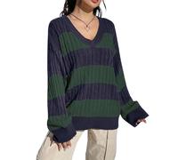 Women Y2K Vintage Striped Sweater V Neck Long Sleeve Cable Knit Oversized Preppy Sweater Downtown Girl Aesthetic Clothes (Green, L)