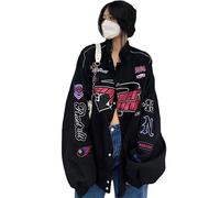 Women Y2K Vintage Varsity Jacket Hip Hop Racer Graphic Bomber Jacket Japanese Harajuku Button Up Sweatshirt Outerwear, Black, XL