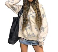 Women Y2K Zip Up Hoodies Star Graphic Printed Oversized Sweatshirts Vintage Long Sleeve 90s Aesthetic Harajuku Jackets Streetwear (White, Medium)