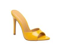 Women Yellow Patent Leather Stiletto Heels Open Toe Slip On Backless Mule High Heeled Sandals Dress Shoes for Wedding Party Prom Evening Cocktail Date Night Bridal Formal