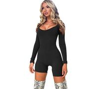 Women Yoga Jumpsuit Stretchy Romper One Piece Ribbed Bodycon Long Sleeve U-Neck Knit Slim Playsuit Bodysuits Tracksuit for Gym Workout Fitness Solid Color