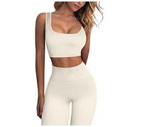Women Yoga Sets Seamless Ribbed 2 Piece Sports Cropped Vest Top High Waist Legging Gym Workout Outfits Exercise Tracksuit Cycling Sportswear Gifts for Her,White,S
