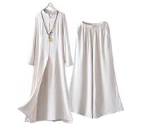 Women Zen Meditation Clothing,Chinese Traditional Tai Chi Suit Cotton Linen Martial Arts Set Long Sleeves Dress + Pants,Cream-L