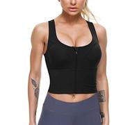 Women Zip Front Sports Bras Longline Fitness Crop Tops Tank Gym Yoga Workout Shirts - black - 3X-Large