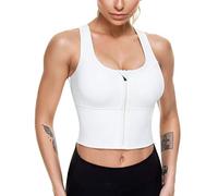 Women Zip Front Sports Bras Longline Fitness Crop Tops Tank Gym Yoga Workout Shirts, White, XXL