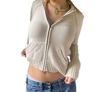 Women Zip Up Rib Knit Cardigan Hoodie Long Sleeve Open Front Cropped Sweater Tops Slim Fit 90S Vintage Jacket Outwear