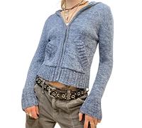 Women Zip Up Rib Knit Cardigan Hoodie Long Sleeve Open Front Cropped Sweater Tops Slim Fit 90S Vintage Jacket Outwear