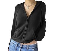 Women Zip Up Rib Knit Cardigan Hoodie Long Sleeve Open Front Cropped Sweater Tops Slim Fit 90S Vintage Jacket Outwear