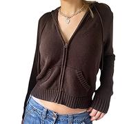 Women Zip Up Rib Knit Cardigan Hoodie Long Sleeve Open Front Cropped Sweater Tops Slim Fit 90S Vintage Jacket Outwear
