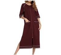 Women Zipper Bathrobe 3/4 Sleeve House Dress with Pockets Clearance Full Length Sleepwear Duster Housecoat Nightgown Casual Long Dressing Gown Half Sleeves Dress Comfy House Robe Loungewear UK Wine