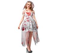 Women Zombie Bride Costume, 2 Pcs Bloody Skull Headband Veil Dress Suit for Lady Ladies Halloween Bridal Fancy Dress Up L