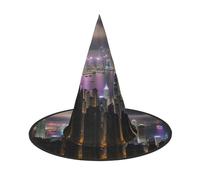 WOmeng Aerial Night Of View Hong Kong Print Halloween Witch Hat Carnival Costume Accessory Foldable Lightweight Cap Festivals